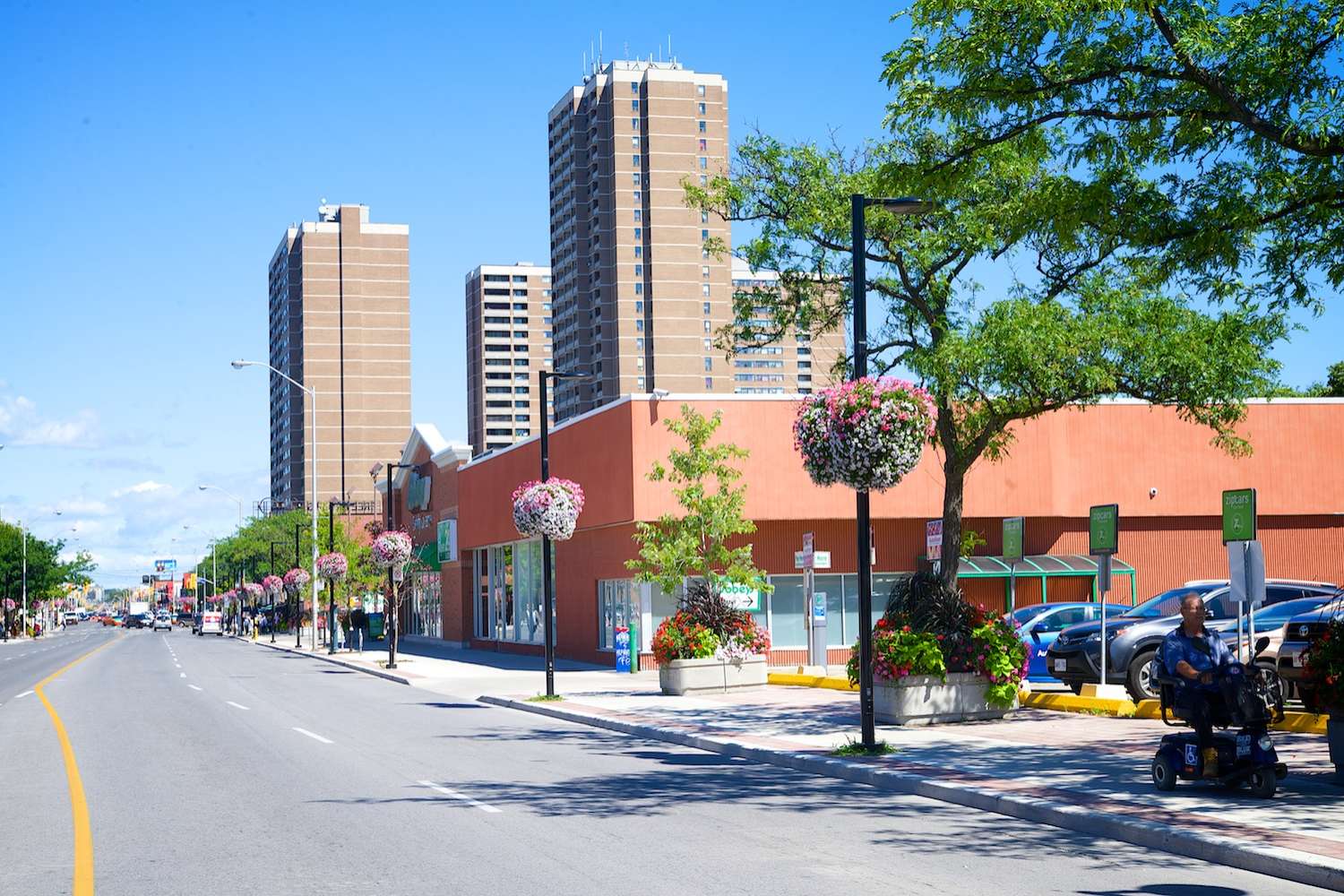 Streetscape with floral hoops holding hanging flower baskets along a municipal commercial corridor.